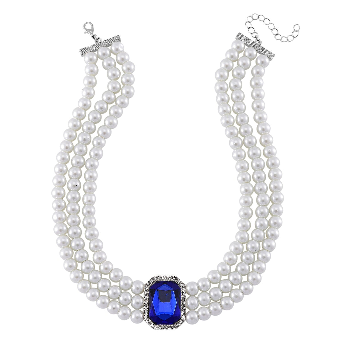 White Glass Pearl Choker Necklace (Size - 16-4 Inch Ext) with White Crystal and Blue Glass V32514704 4