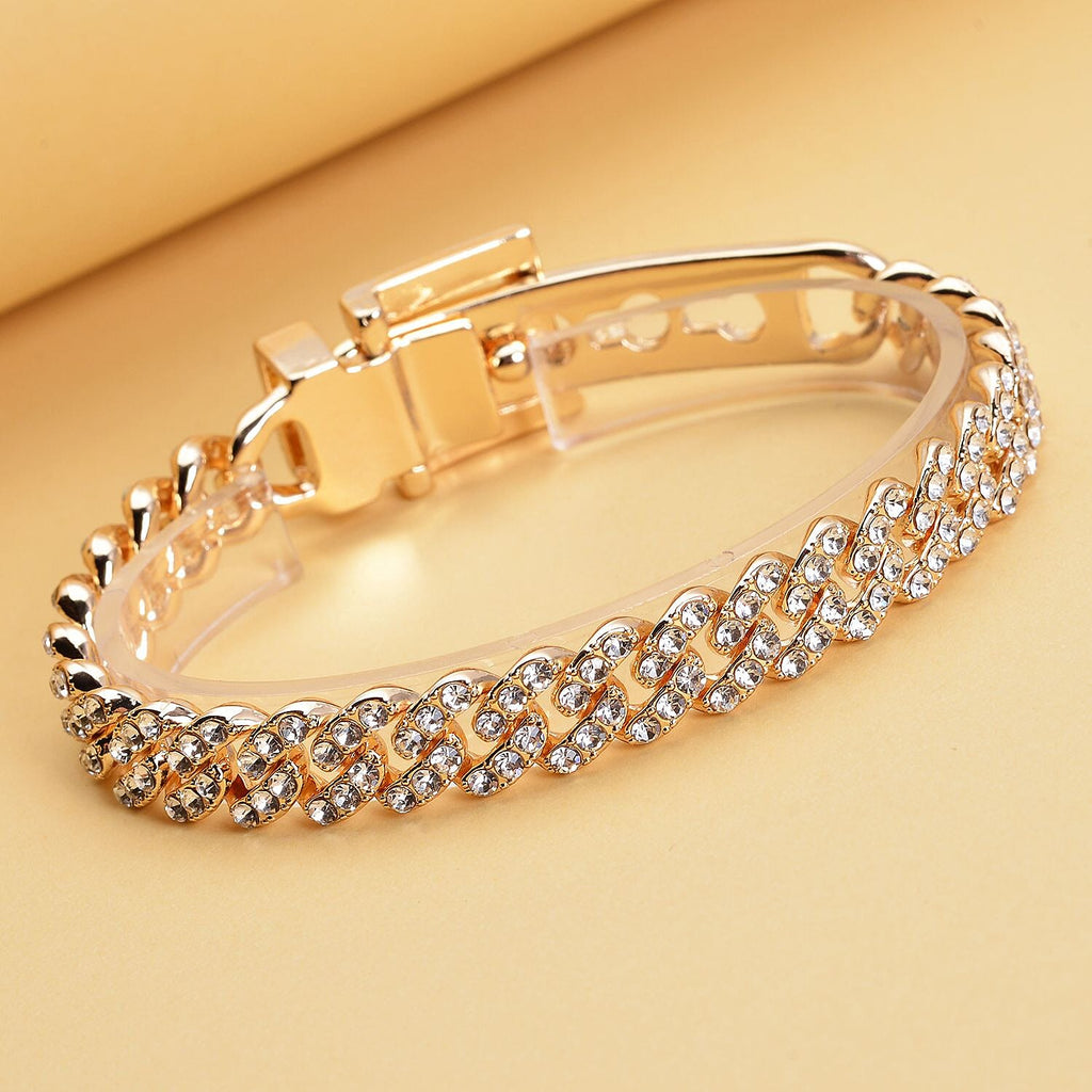 White Crystal  Bracelet (Size - 7) In Yellow Gold Tone