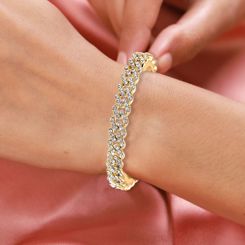 White Crystal  Bracelet (Size - 7) In Yellow Gold Tone