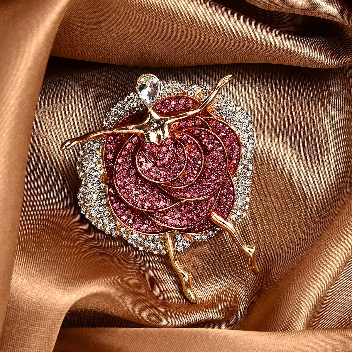 Pink Crystal, White Crystal &amp; White Glass Graceful Dancer Brooch in Yellow Gold Tone with Enameled 8311554 2