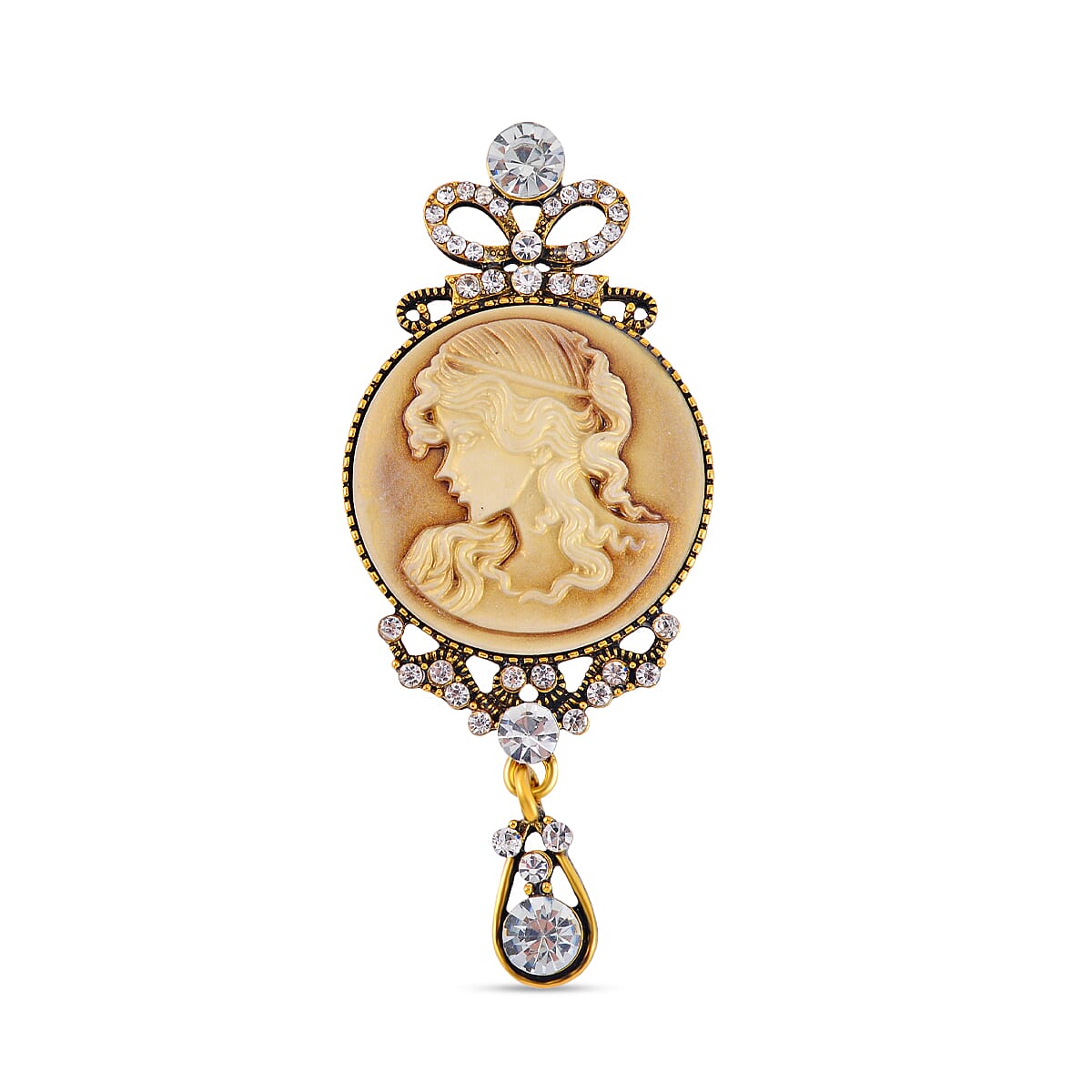 White Austrian Crystal &amp; Cameo Brooch in Antique Gold Tone 7639817 0