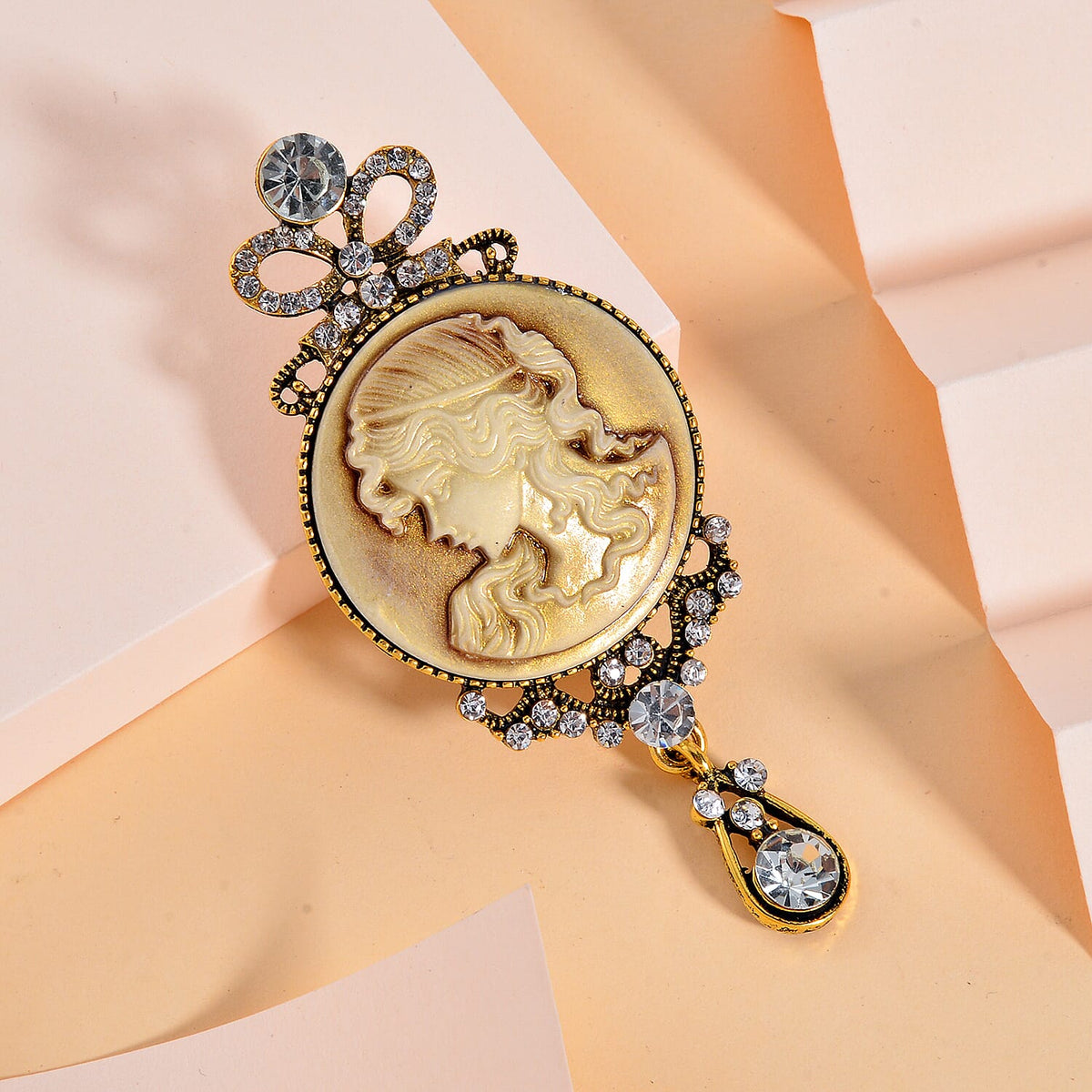 White Austrian Crystal &amp; Cameo Brooch in Antique Gold Tone 7639817 2