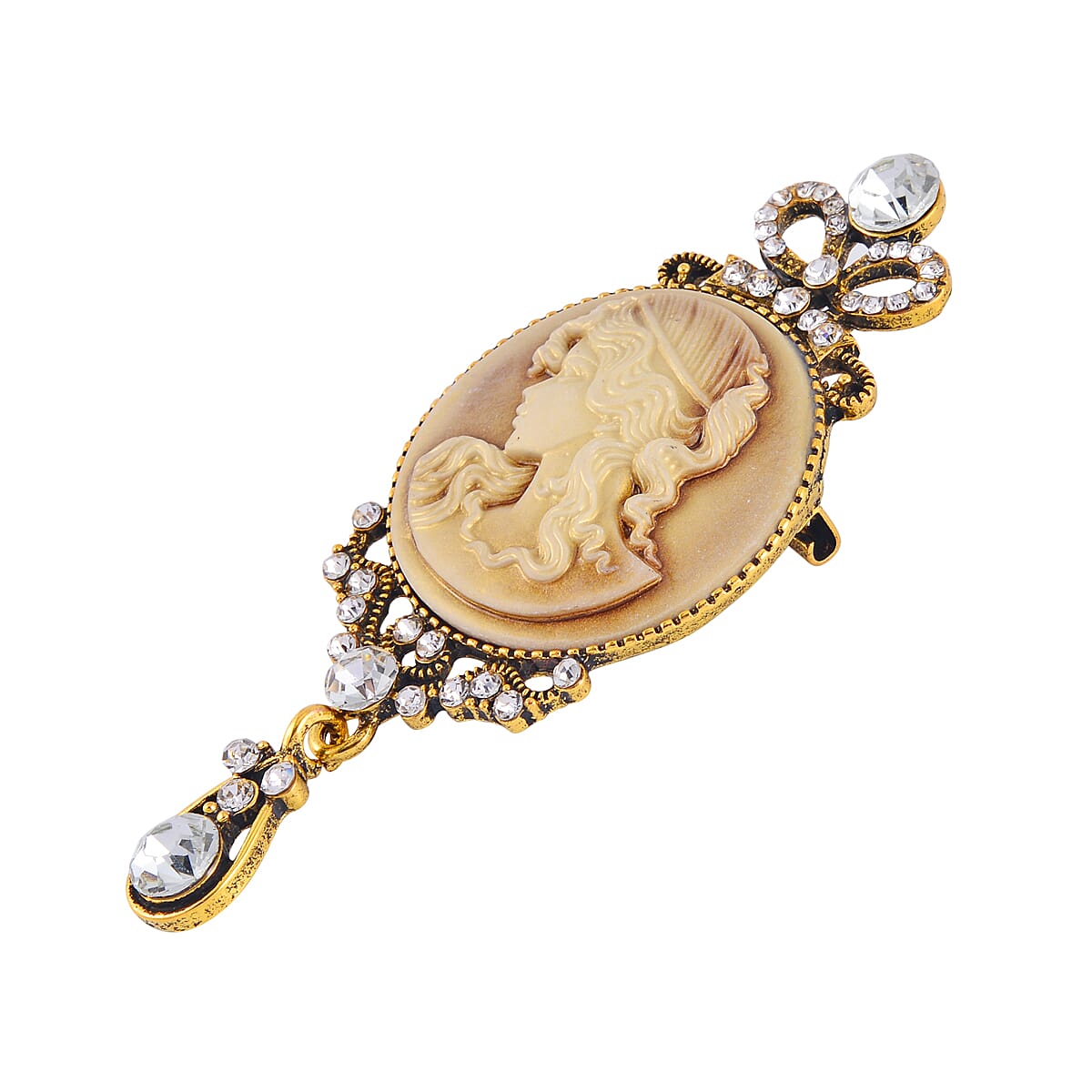 White Austrian Crystal &amp; Cameo Brooch in Antique Gold Tone 7639817 3