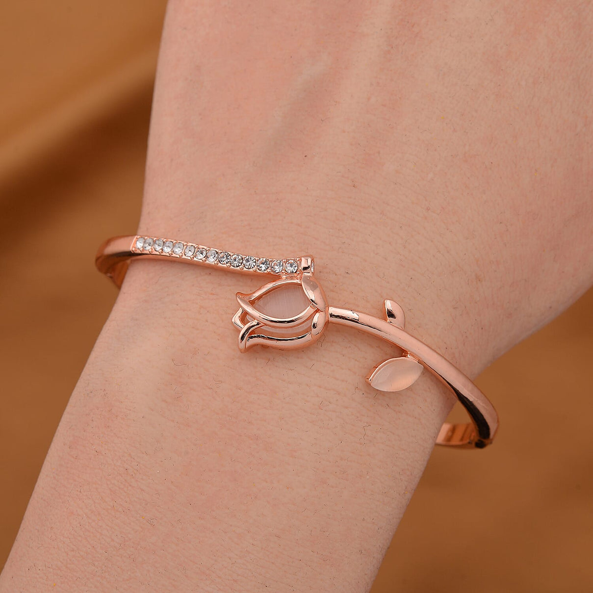 White Austrian Crystal &amp; Created White Cats Eye Bangle (Size 7) in Rose Gold Tone 7807695 1