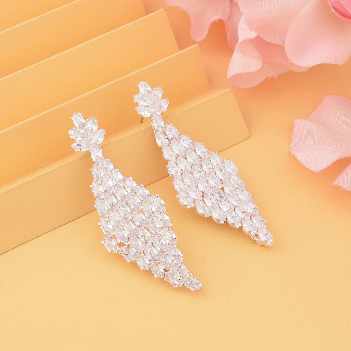 White Austrian Crystal Dangle Earrings (with Push Back) in Silver Tone 7312337 1