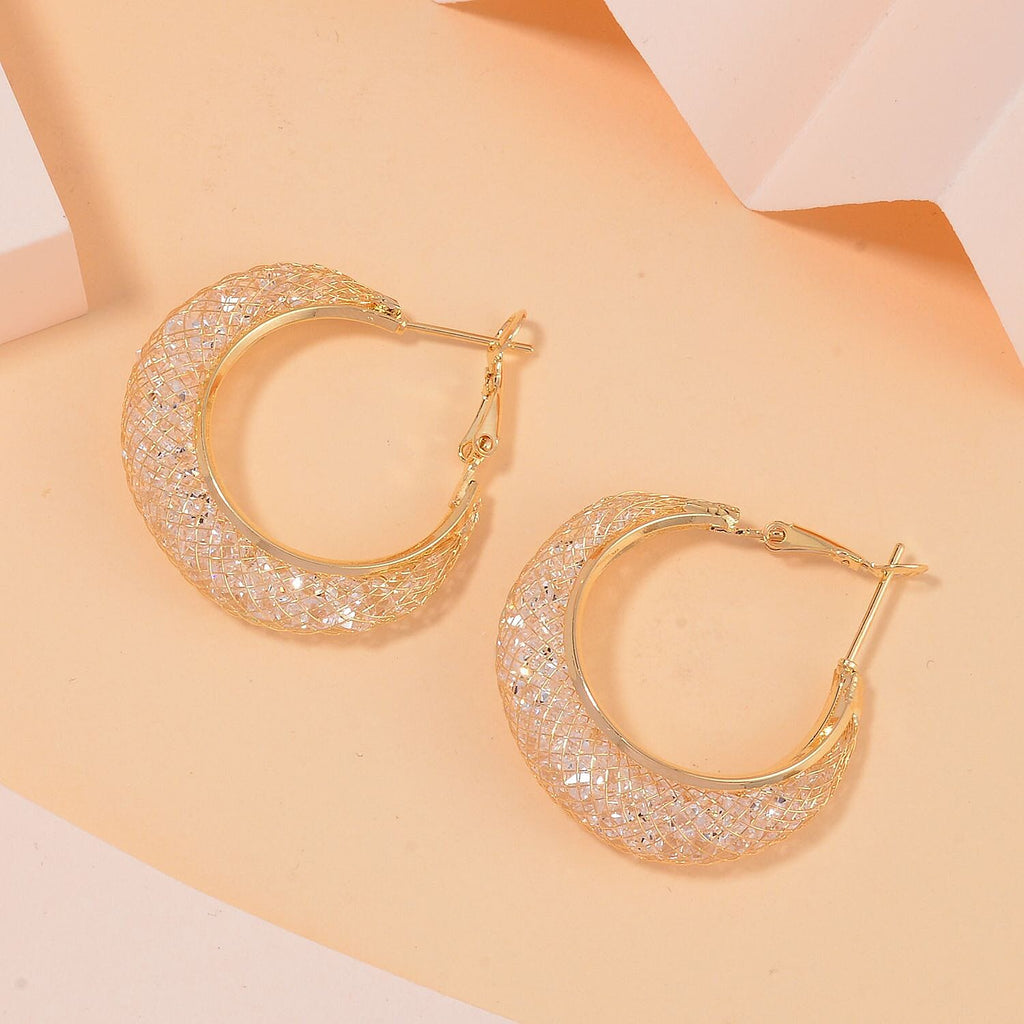 NY Close Out - White Austrian Crystal Hoop Earrings in Yellow Gold Tone