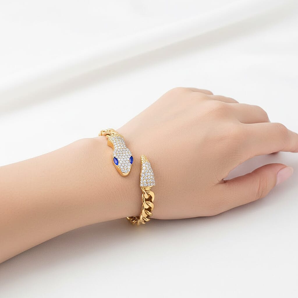 White &amp; Blue Crystal Serpent Bracelet (Size - 10.5) in Yellow Gold Tone 8364472 2