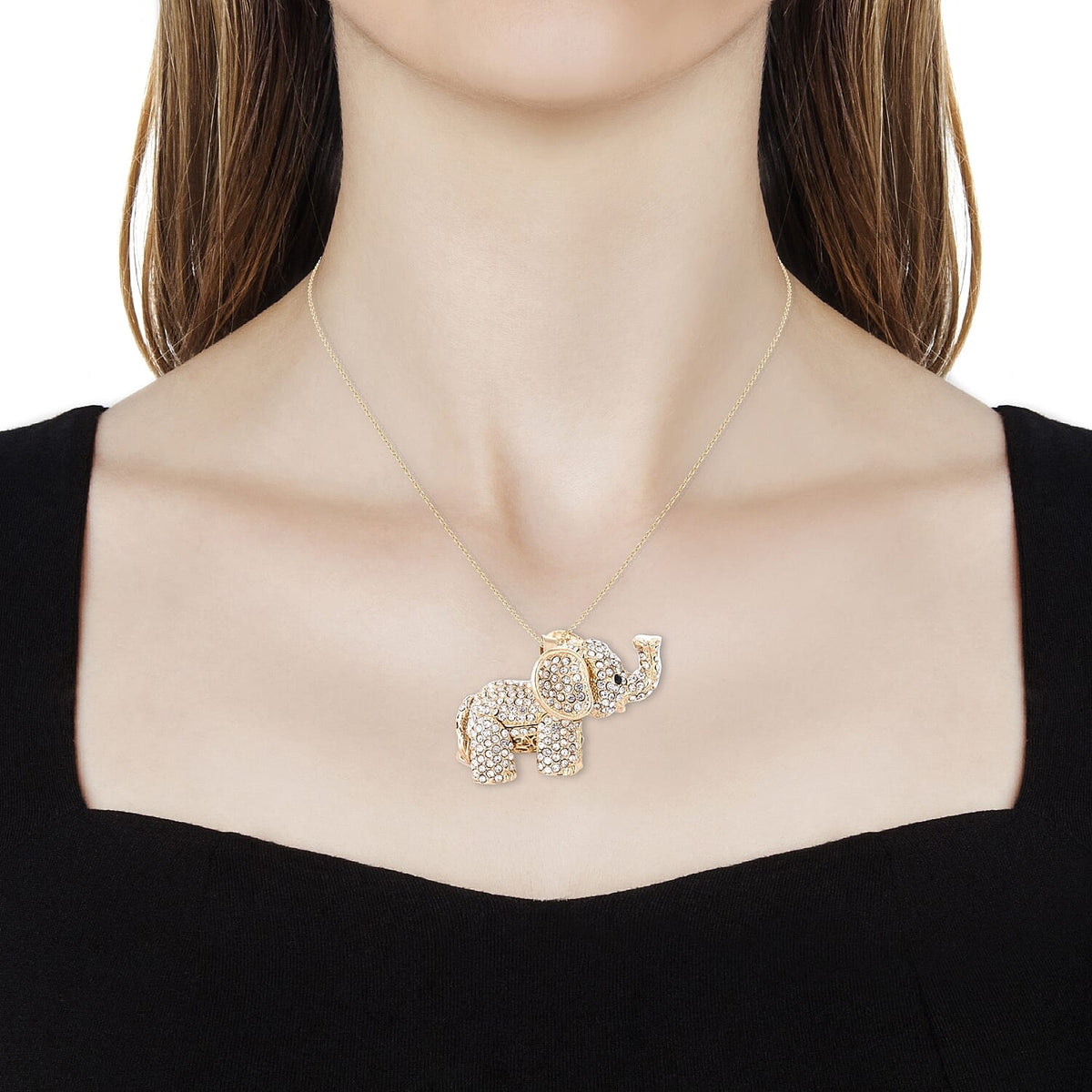 White &amp; Black Crystal Elephant Necklace (Size 24 - 2 Ext) in Yellow Gold Plating 8313393 2