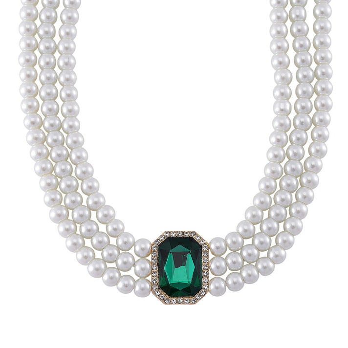 White Glass Pearl Choker Necklace (Size - 16-4 Inch Ext) with White Crystal and Green Glass 8411906 1