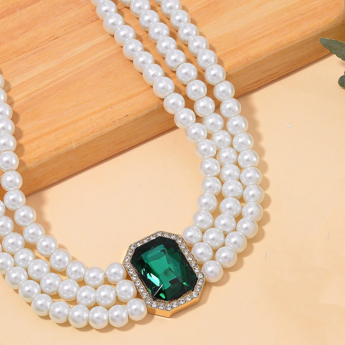 White Glass Pearl Choker Necklace (Size - 16-4 Inch Ext) with White Crystal and Green Glass 8411906 2