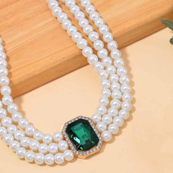 White Glass Pearl Choker Necklace (Size - 16-4 Inch Ext) with White Crystal and Green Glass 8411906 2