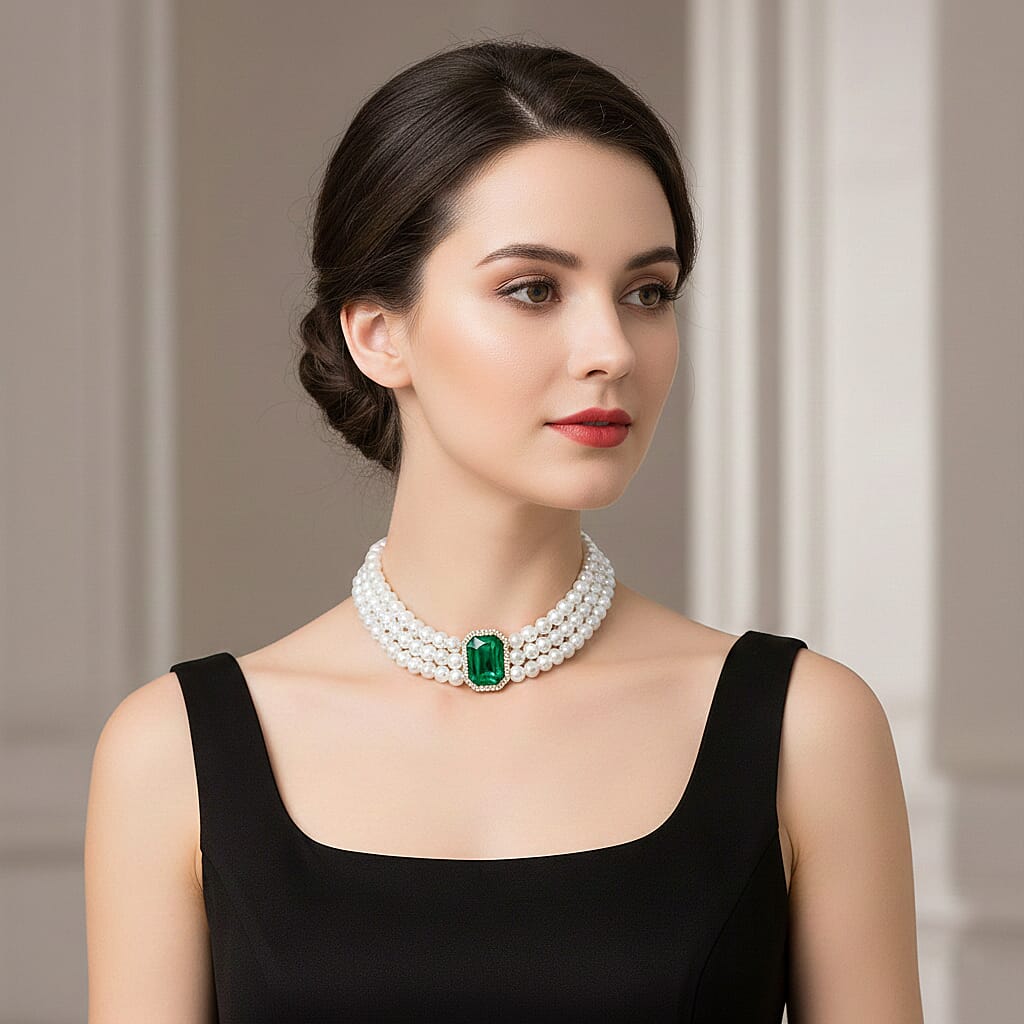 White Glass Pearl Choker Necklace (Size - 16-4 Inch Ext) with White Crystal and Green Glass 8411906 3