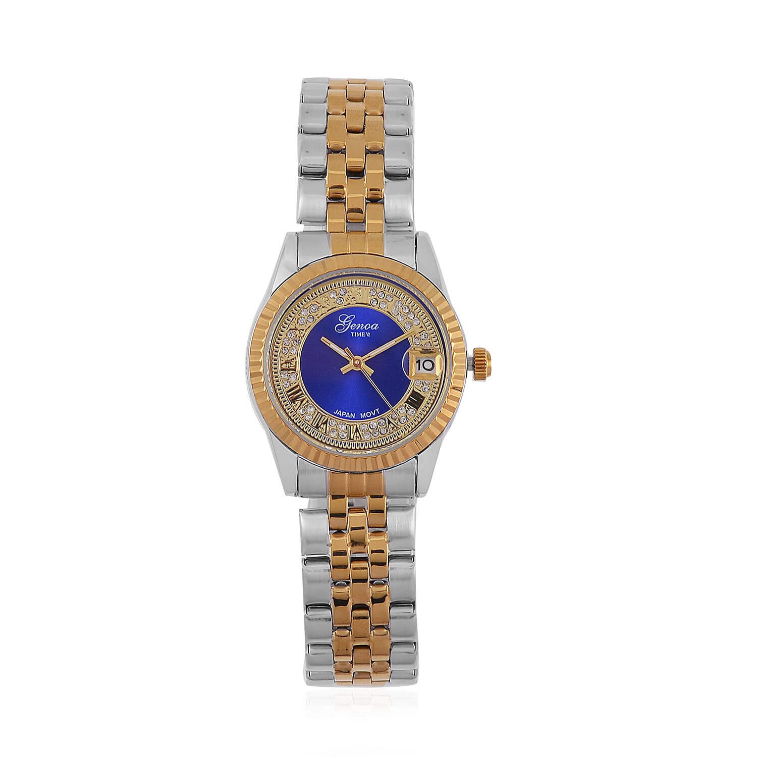 Designer Inspired - GENOA TIME V2 Japan Movt. Blue Sunshine Literal Crystal Studded Dial 3 ATM WR Watch with Stainless Steel Chain Strap in Dual Tone 7746035 0