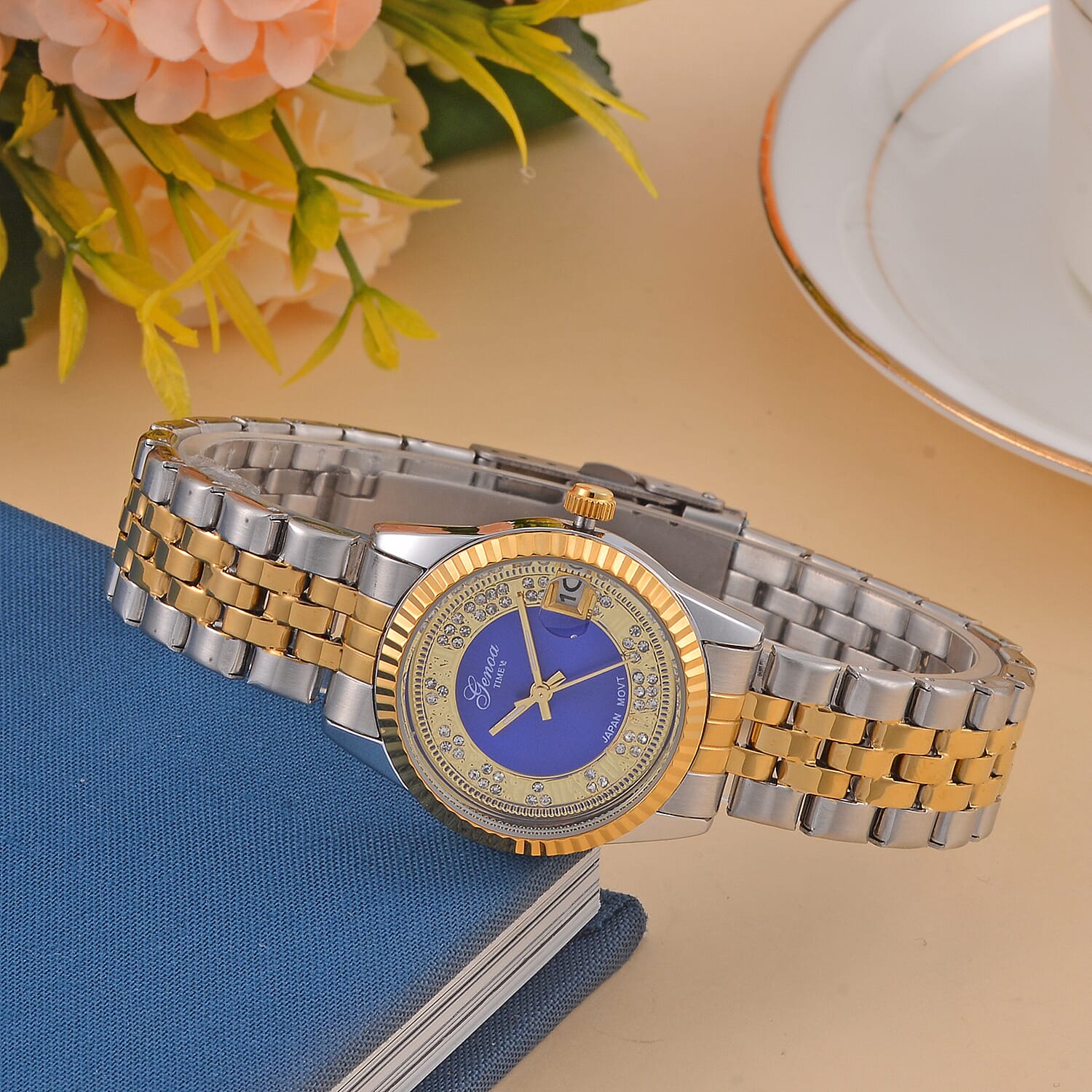 Designer Inspired - GENOA TIME V2 Japan Movt. Blue Sunshine Literal Crystal Studded Dial 3 ATM WR Watch with Stainless Steel Chain Strap in Dual Tone 7746035 1