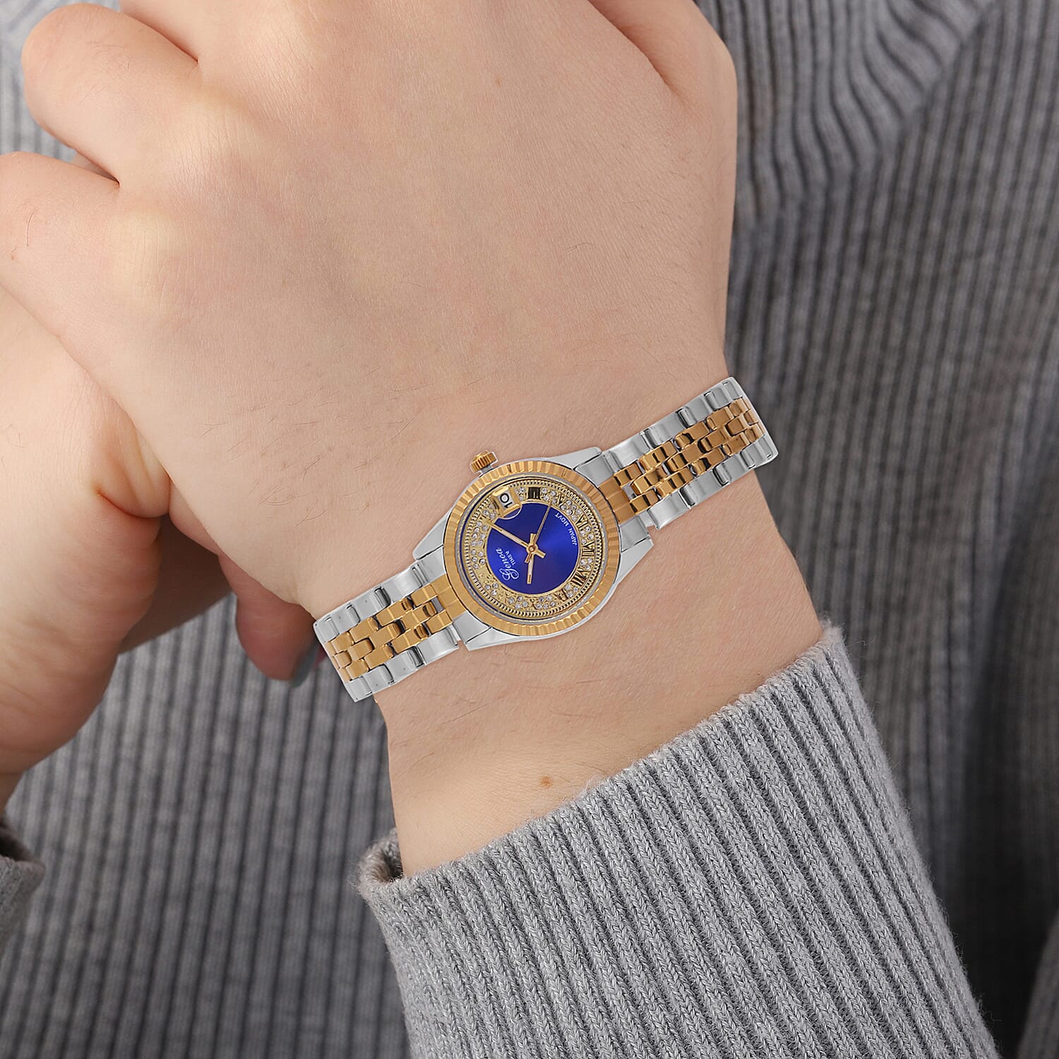 Designer Inspired - GENOA TIME V2 Japan Movt. Blue Sunshine Literal Crystal Studded Dial 3 ATM WR Watch with Stainless Steel Chain Strap in Dual Tone 7746035 2