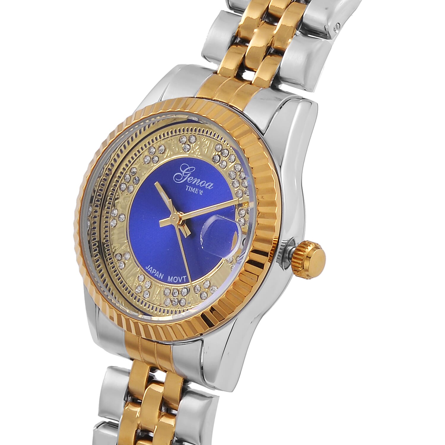 Designer Inspired - GENOA TIME V2 Japan Movt. Blue Sunshine Literal Crystal Studded Dial 3 ATM WR Watch with Stainless Steel Chain Strap in Dual Tone 7746035 3