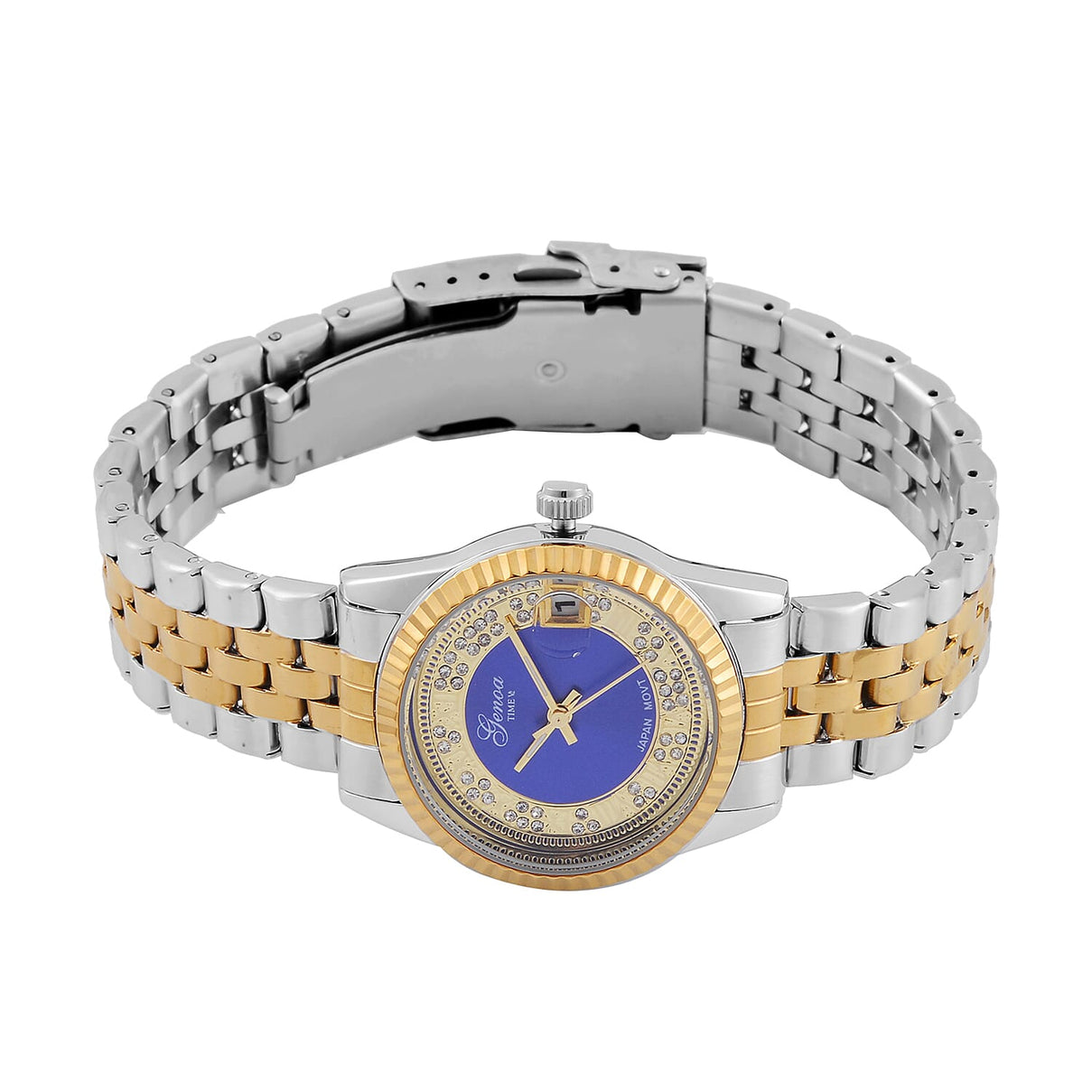 Designer Inspired - GENOA TIME V2 Japan Movt. Blue Sunshine Literal Crystal Studded Dial 3 ATM WR Watch with Stainless Steel Chain Strap in Dual Tone 7746035 4