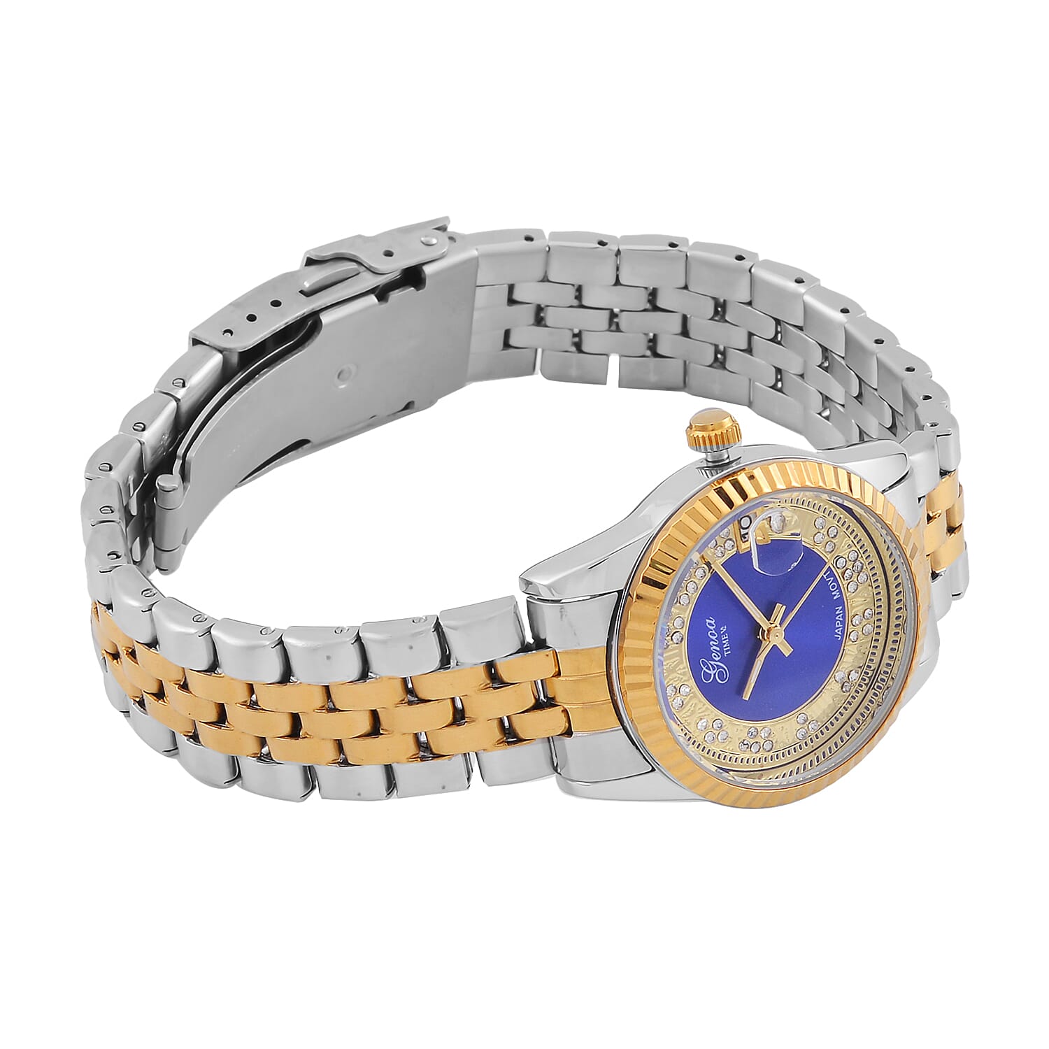 Designer Inspired - GENOA TIME V2 Japan Movt. Blue Sunshine Literal Crystal Studded Dial 3 ATM WR Watch with Stainless Steel Chain Strap in Dual Tone 7746035 5