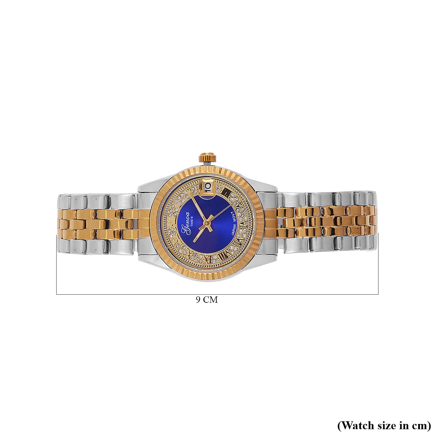 Designer Inspired - GENOA TIME V2 Japan Movt. Blue Sunshine Literal Crystal Studded Dial 3 ATM WR Watch with Stainless Steel Chain Strap in Dual Tone 7746035 7