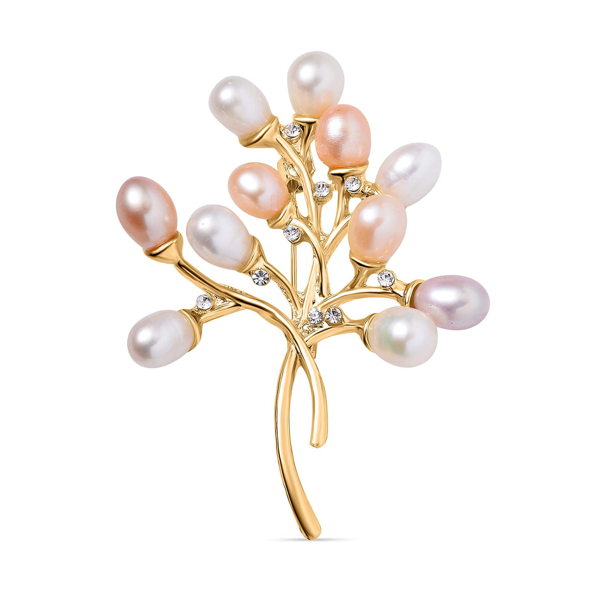 White Austrian Crystal &amp; Multi Colour Fresh Water Pearl Brooch in Yellow Gold Tone 7602358 0