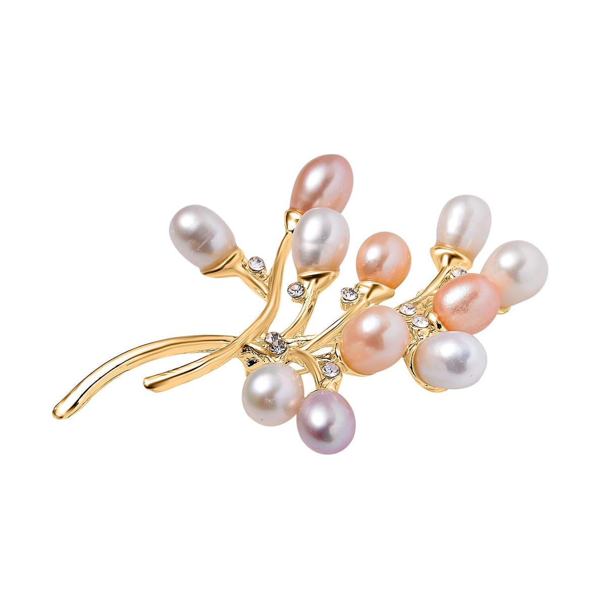 White Austrian Crystal &amp; Multi Colour Fresh Water Pearl Brooch in Yellow Gold Tone 7602358 2