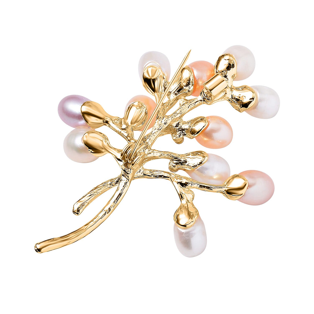 White Austrian Crystal &amp; Multi Colour Fresh Water Pearl Brooch in Yellow Gold Tone 7602358 3