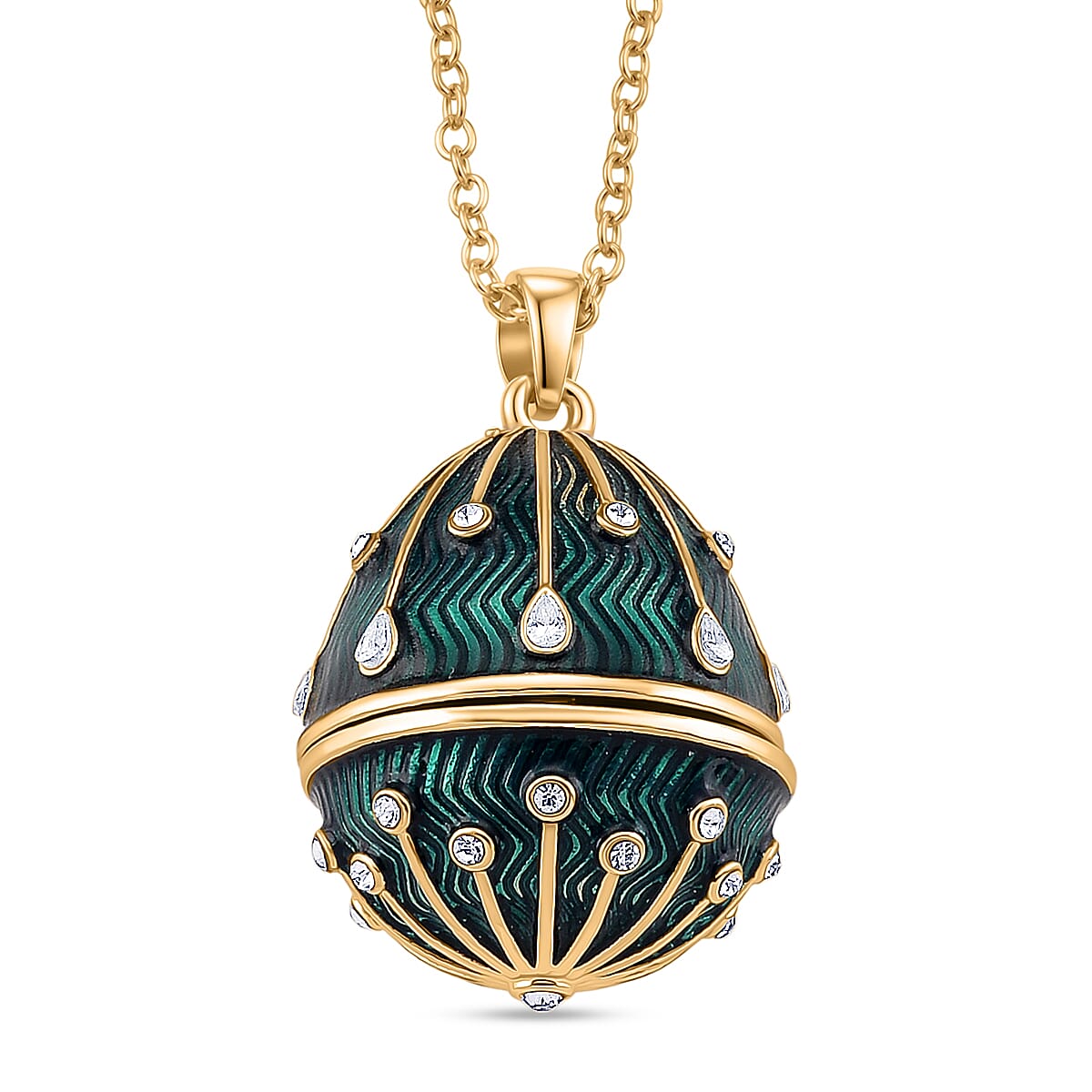 The Luxury Egg Collection - White Crystal &amp; Multi Colour Enamelled Egg Pendant with Chain (Size 24+2 Ext) - Green V32514652 0