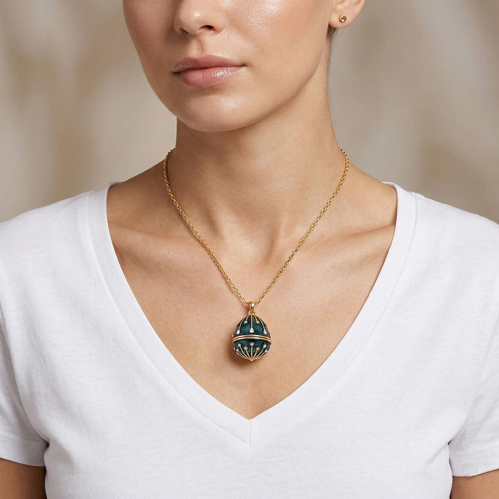 The Luxury Egg Collection - White Crystal & Multi Colour Enamelled Egg Pendant with Chain (Size 24-2 Ext) - Green