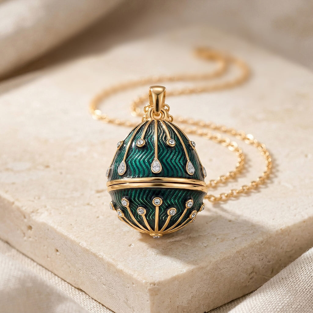 The Luxury Egg Collection - White Crystal & Multi Colour Enamelled Egg Pendant with Chain (Size 24-2 Ext) - Green