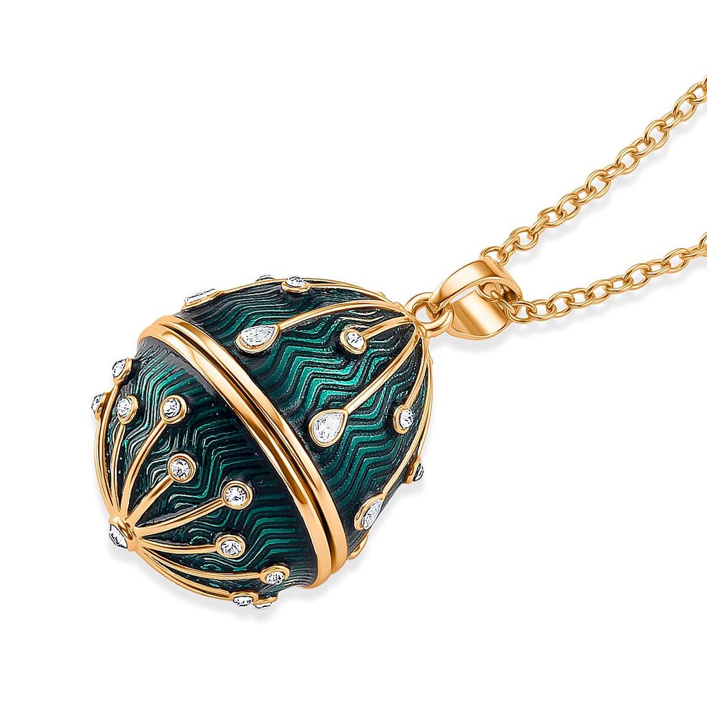 The Luxury Egg Collection - White Crystal & Multi Colour Enamelled Egg Pendant with Chain (Size 24-2 Ext) - Green