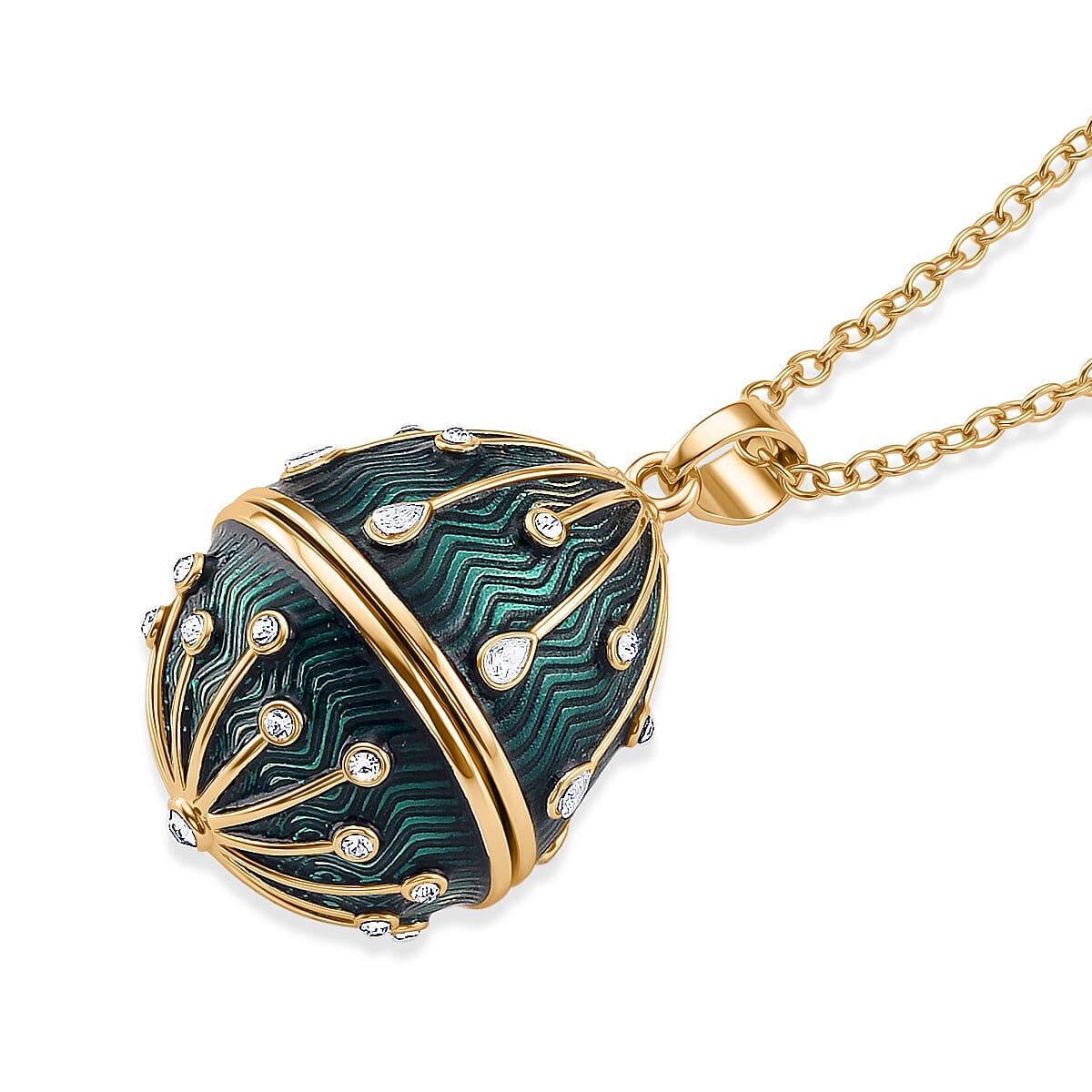 The Luxury Egg Collection - White Crystal &amp; Multi Colour Enamelled Egg Pendant with Chain (Size 24+2 Ext) - Green V32514652 4