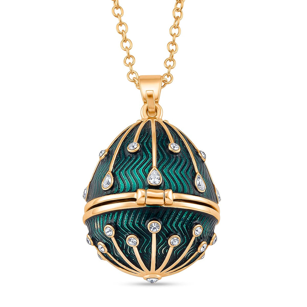 The Luxury Egg Collection - White Crystal & Multi Colour Enamelled Egg Pendant with Chain (Size 24-2 Ext) - Green