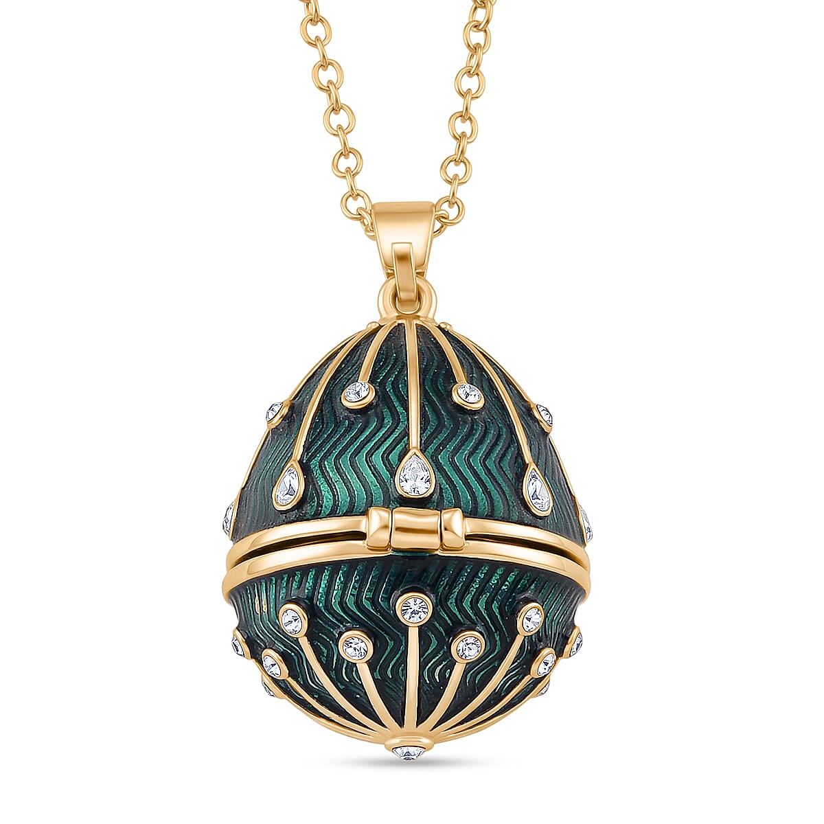The Luxury Egg Collection - White Crystal &amp; Multi Colour Enamelled Egg Pendant with Chain (Size 24+2 Ext) - Green V32514652 5