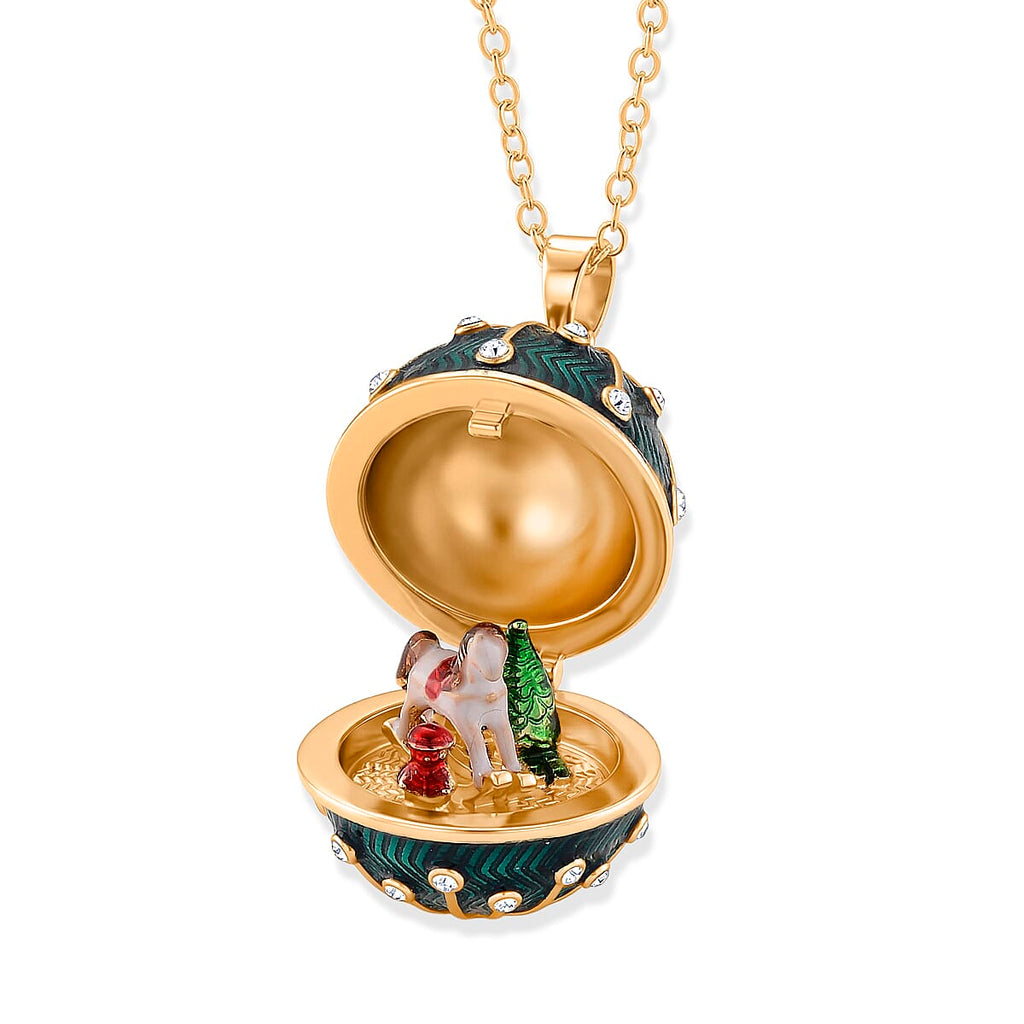 The Luxury Egg Collection - White Crystal & Multi Colour Enamelled Egg Pendant with Chain (Size 24-2 Ext) - Green