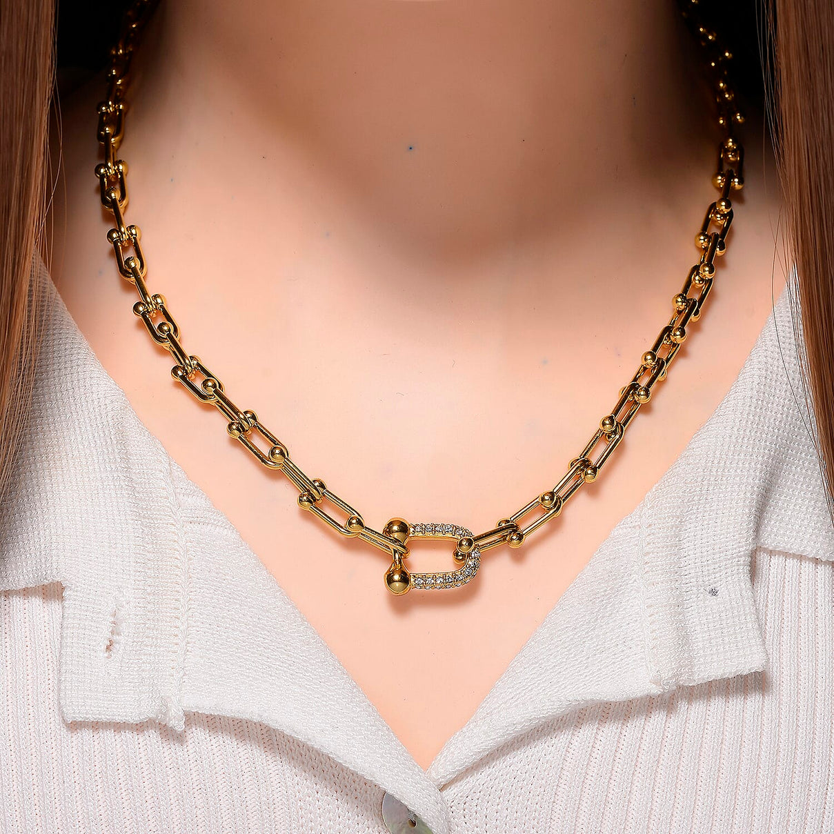 Designer Inspired White Crystal U-Link Necklace (Size - 18 - 2 Ext) with Lobster Clasp in Yellow Gold Tone 7994055 2