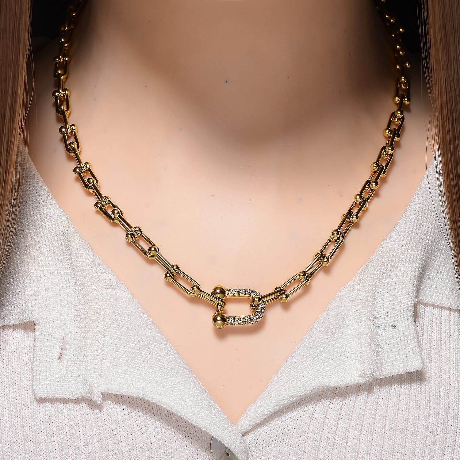 Designer Inspired White Crystal U-Link Necklace (Size - 18 - 2 Ext) with Lobster Clasp in Yellow Gold Tone 7994055 2