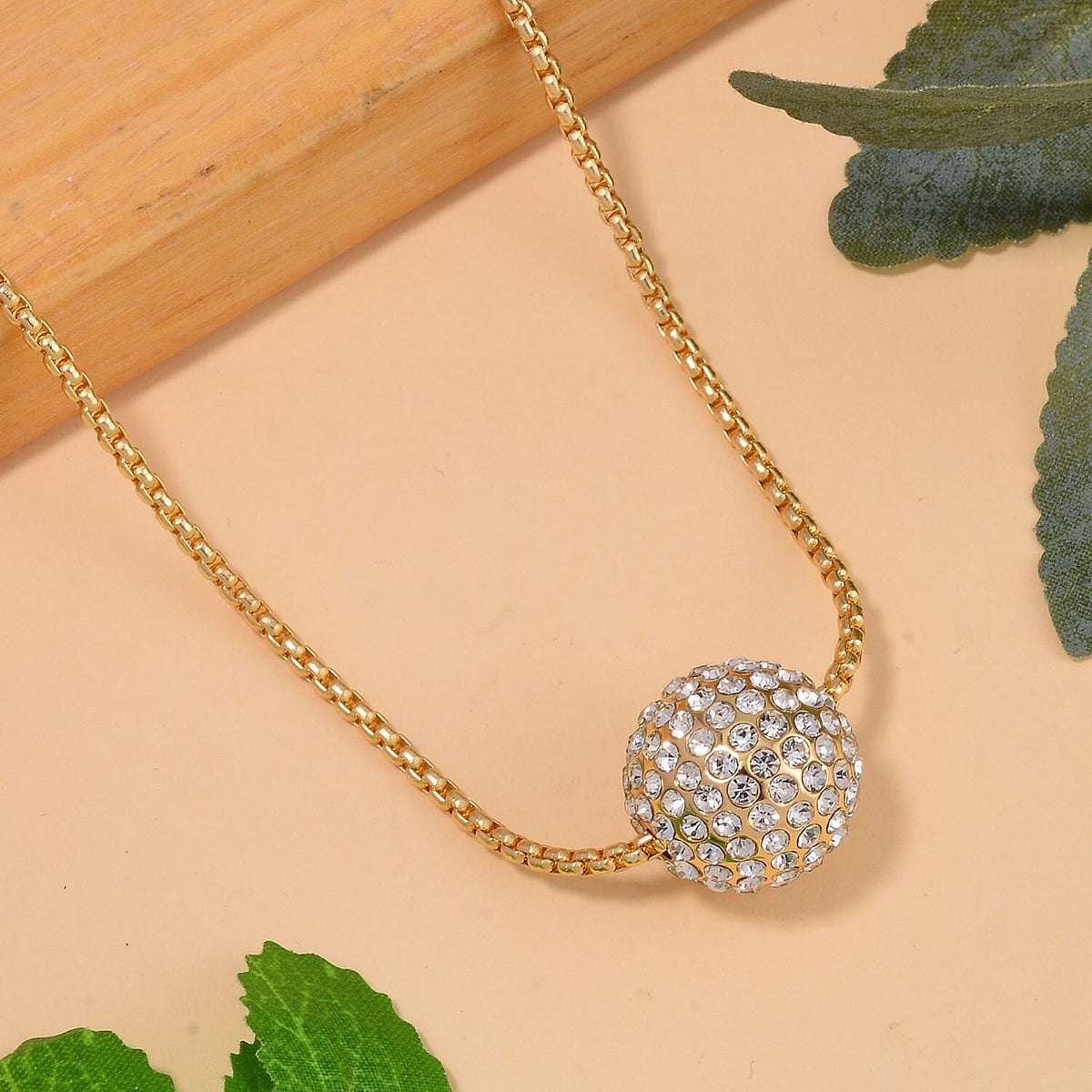 White Austrian Crystal Ball Necklace (Size - 24)-2 Inch Ext.) in Yellow Gold Tone 7662034 2