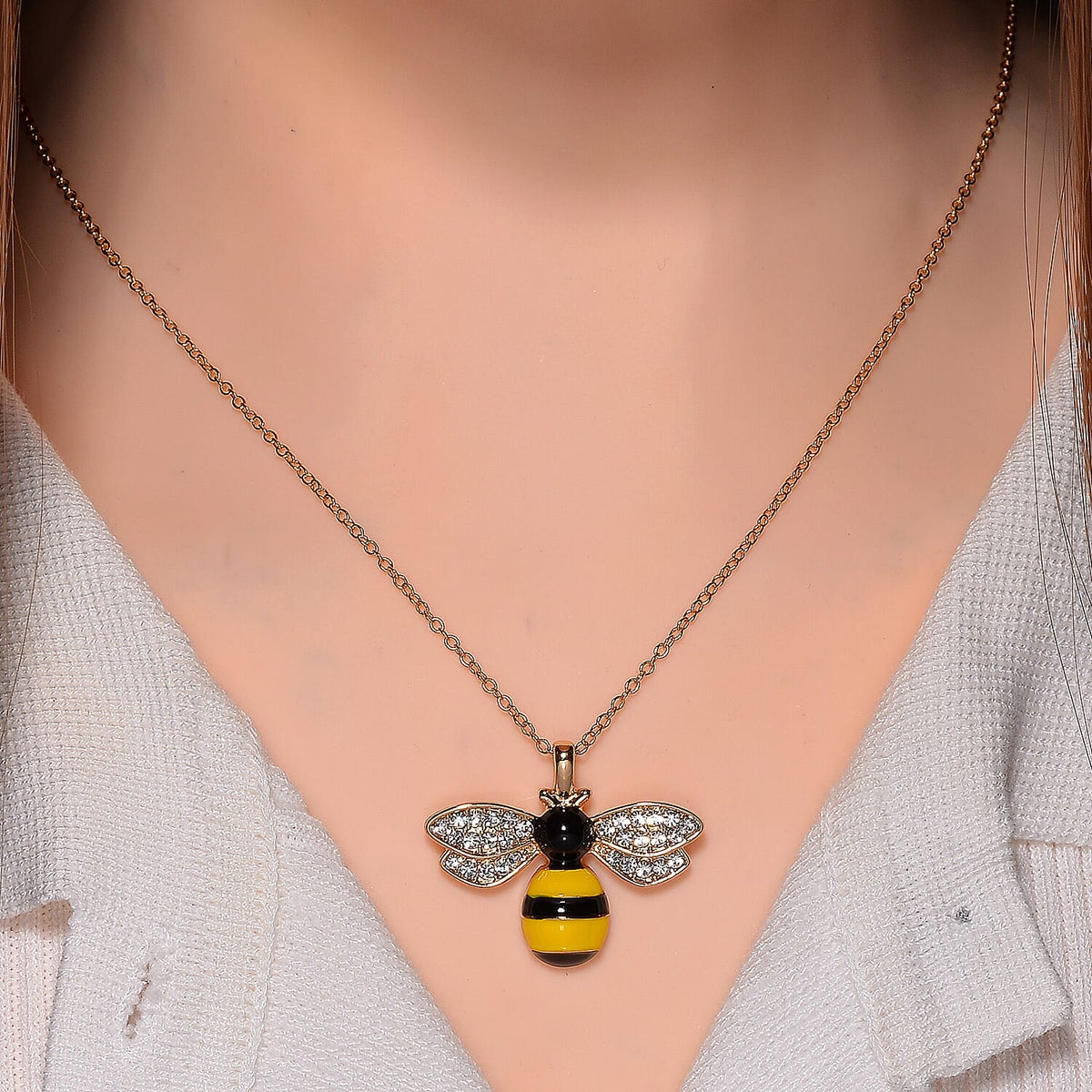 Designer Inspired - White Crystal HoneyBee Necklace (Size - 24) 7839345 1