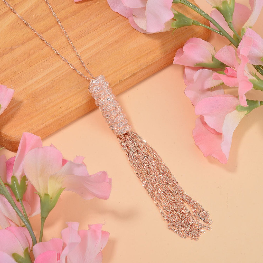 White Austrian Crystal Tassel Necklace (Size - 28-3 Inch Ext.) in Rose Gold Tone