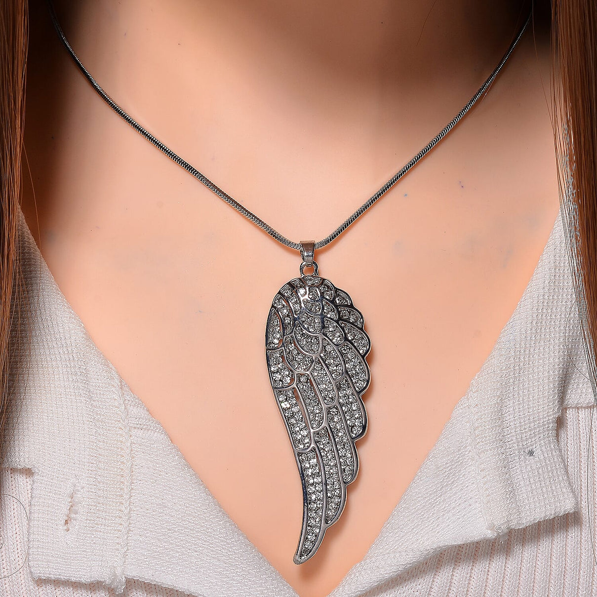 White Crystal Feather Pendant With Chain (Size - 29.5-2 Ext) in Silver Tone 7890844 2