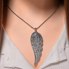 White Crystal Feather Pendant With Chain (Size - 29.5-2 Ext) in Silver Tone