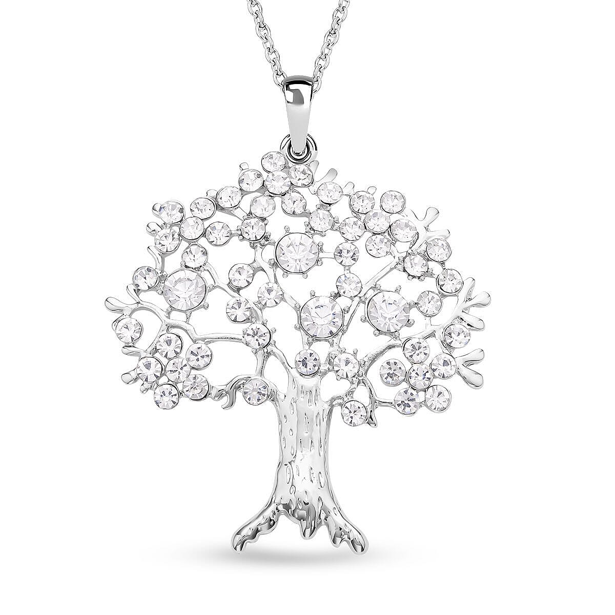 White Austrian Crystal Tree of Life Pendant with Chain (Size 24 With 2 Inch Extenders) in Silver Tone 4130078 0