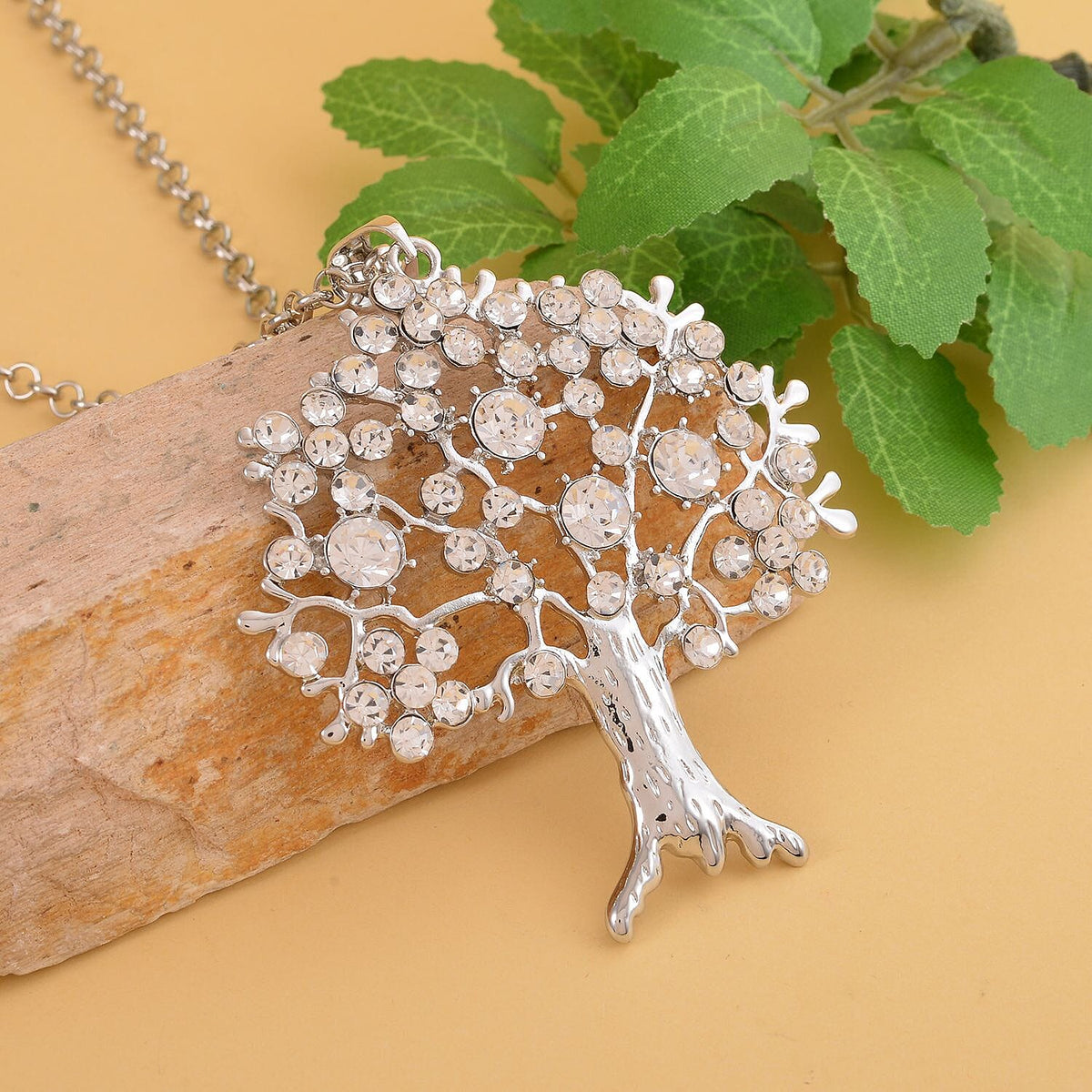 White Austrian Crystal Tree of Life Pendant with Chain (Size 24 With 2 Inch Extenders) in Silver Tone 4130078 2