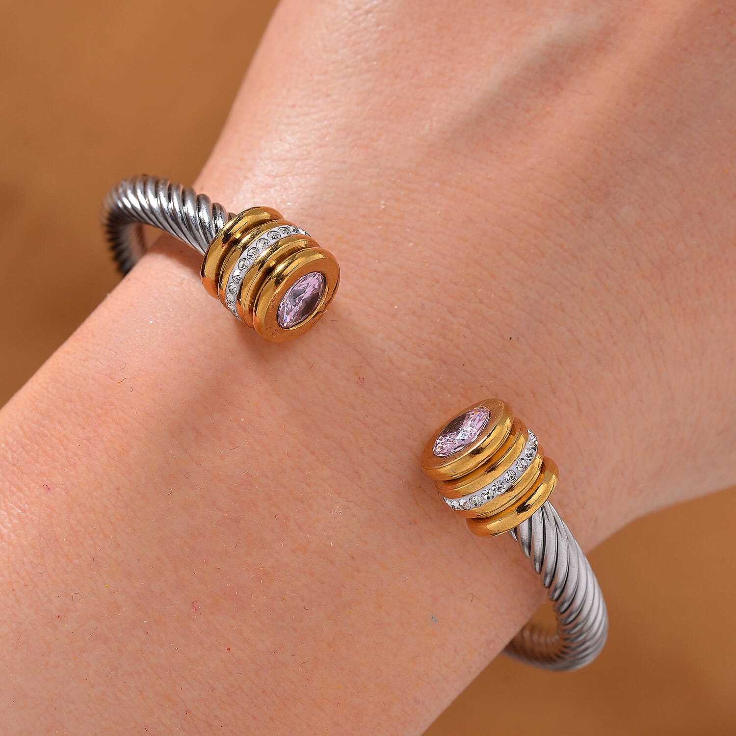 White Crystal &amp; Pink Crystal Bangle (Size - 7.5) in Gold &amp; Silver Tone 7843734 1