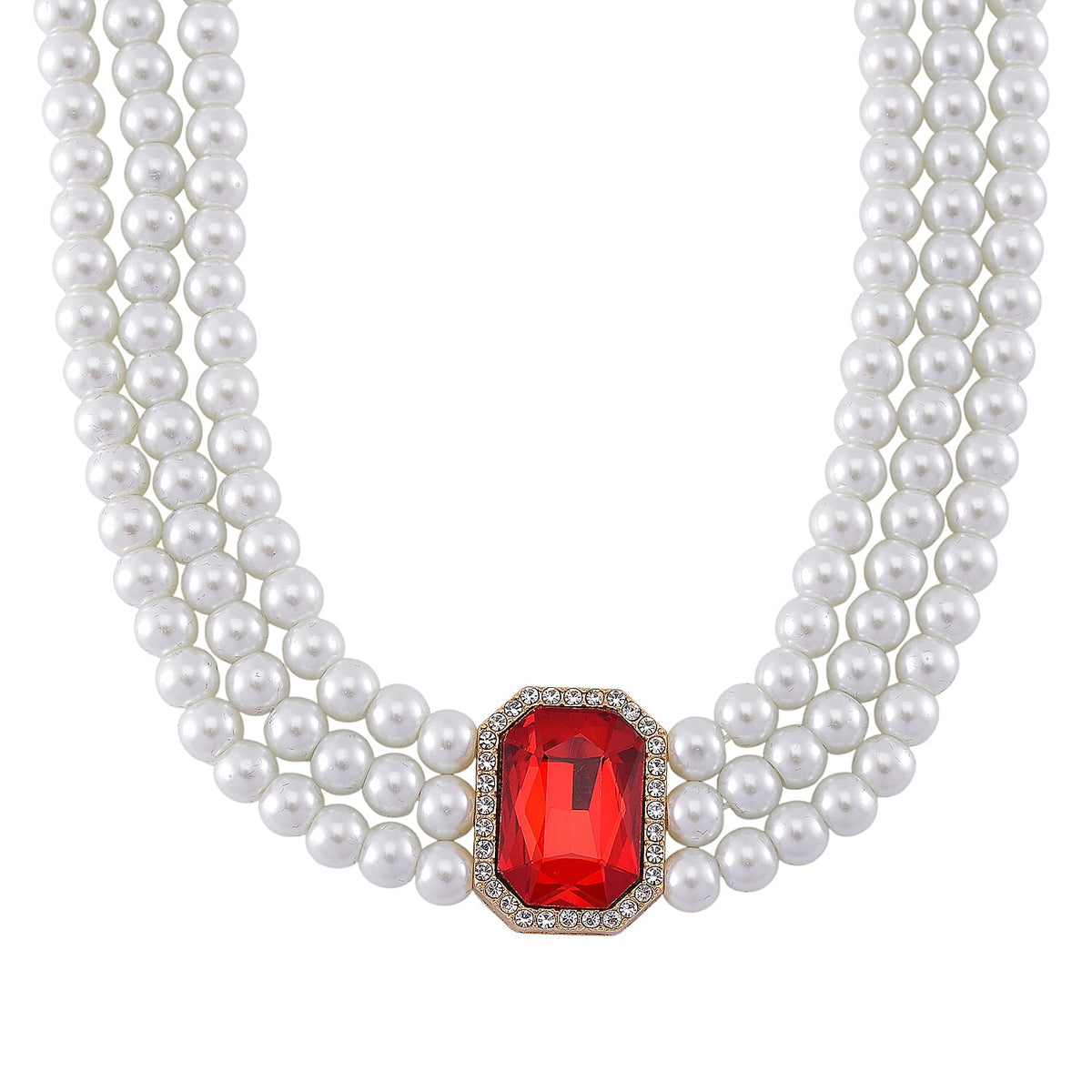 White Glass Pearl Choker Necklace (Size - 16-4 Inch Ext) with White Crystal and Red Glass V32516775 0