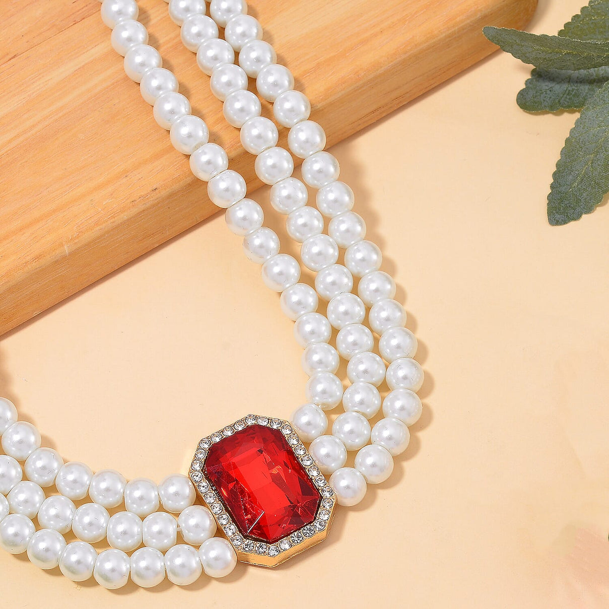 White Glass Pearl Choker Necklace (Size - 16-4 Inch Ext) with White Crystal and Red Glass V32516775 2