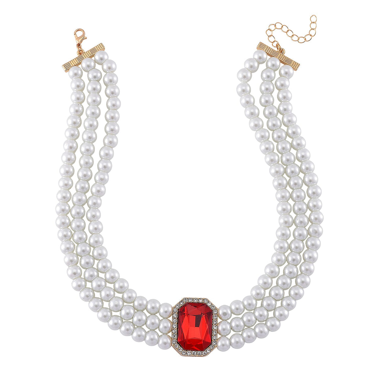 White Glass Pearl Choker Necklace (Size - 16-4 Inch Ext) with White Crystal and Red Glass V32516775 4