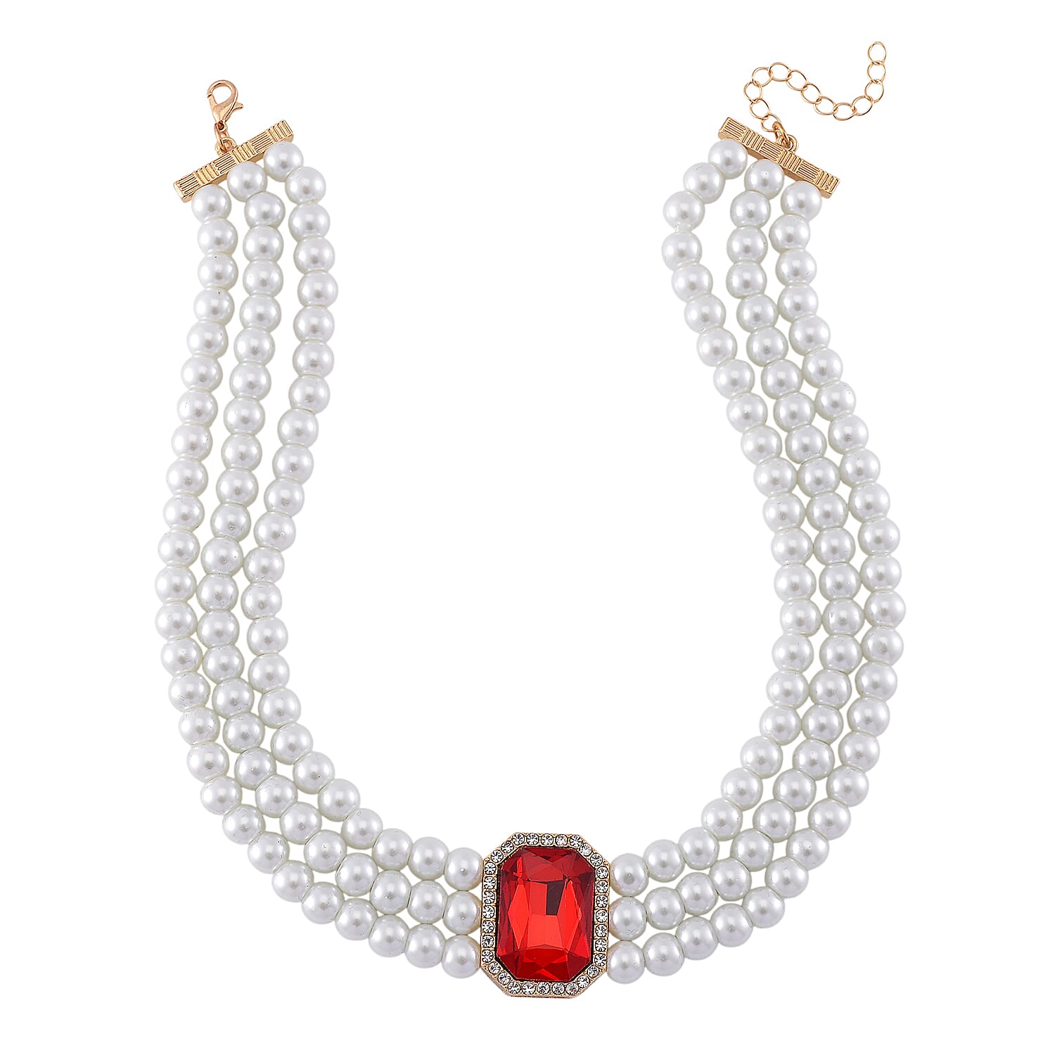 White Glass Pearl Choker Necklace (Size - 16-4 Inch Ext) with White Crystal and Red Glass V32516775 4