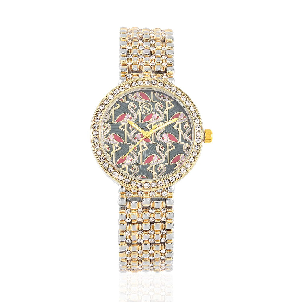 STRADA Japan Movt. Gold - Green Dial Flamingo Pattern Crystal Studded WR Watch with Stainless Steel Buckle