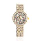 STRADA Japan Movt. Gold - Green Dial Flamingo Pattern Crystal Studded WR Watch with Stainless Steel Buckle